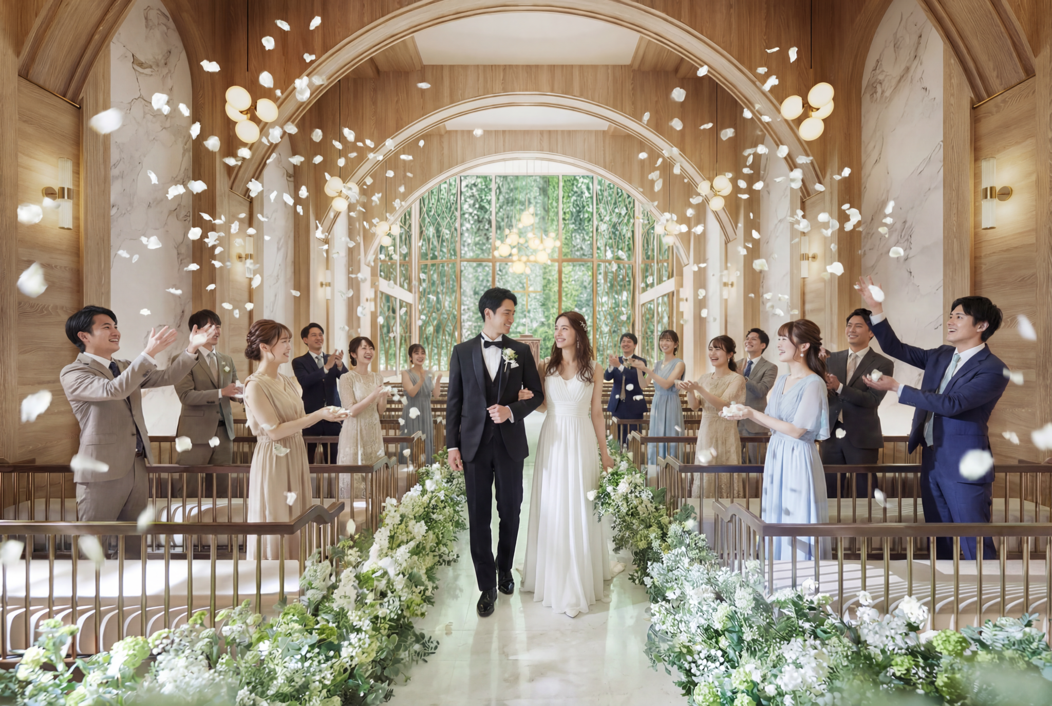 窓の外に広がる庭園や水面の美景が バージンロードを歩むおふたりを祝福し 特別な瞬間を優しく包み込みこます。