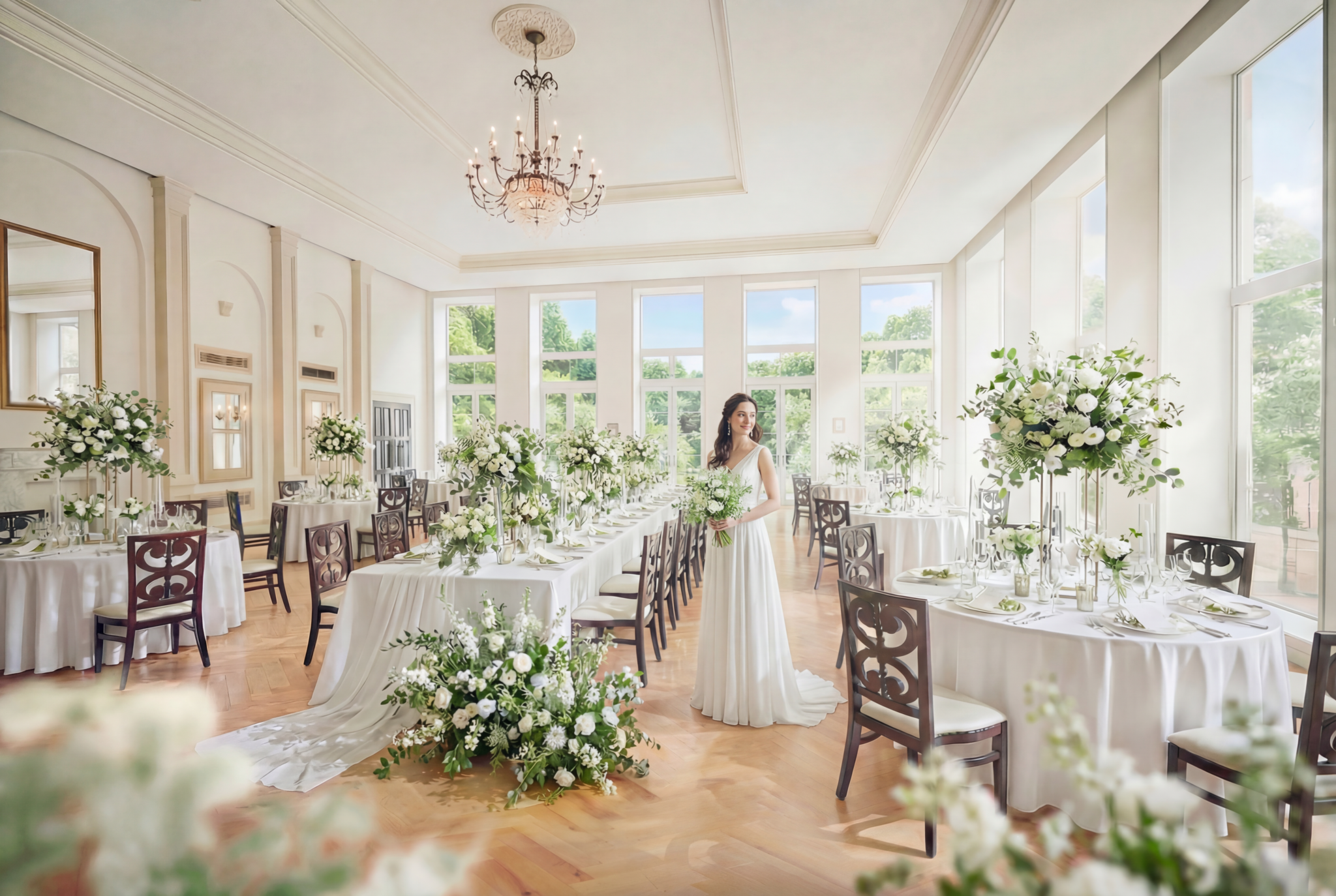 ガラスウォールの外に広がる自然が格別の開放感を与えるダイニングで 京の風情を感じるウエディングを。すべてが美しい記憶へと刻まれて。